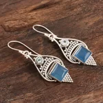 Chalcedony and blue topaz dangle earrings, 'Oceans of Blue' - Chalcedony Cabochon and Sterling Silver Dangle Earrings