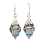 Chalcedony and blue topaz dangle earrings, 'Oceans of Blue' - Chalcedony Cabochon and Sterling Silver Dangle Earrings