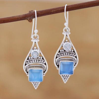 Chalcedony and blue topaz dangle earrings, 'Oceans of Blue' - Chalcedony Cabochon and Sterling Silver Dangle Earrings