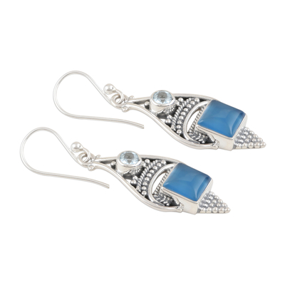 Chalcedony and blue topaz dangle earrings, 'Oceans of Blue' - Chalcedony Cabochon and Sterling Silver Dangle Earrings