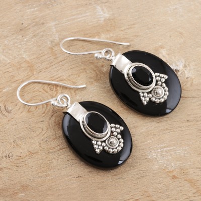 Onyx dangle earrings, 'Midnight Crown' - Black Onyx Sterling Silver Dangle Earrings