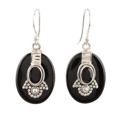 Onyx dangle earrings, 'Midnight Crown' - Black Onyx Sterling Silver Dangle Earrings