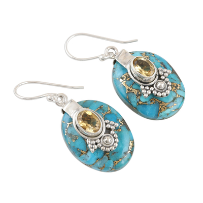 Citrine dangle earrings, 'Golden Crown' - Composite Turquoise Sterling Silver Dangle Earrings