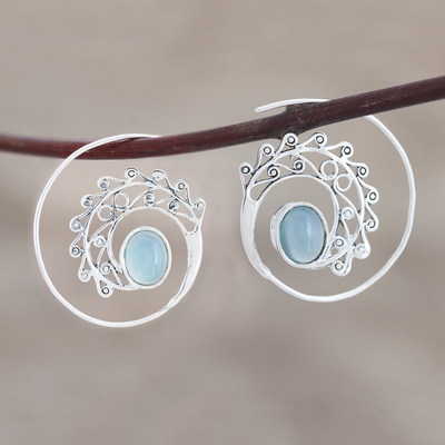 Chalcedony drop earrings, 'Eye of the Peacock' - Spiral Drop Earrings with Blue Chalcedony