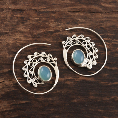 Chalcedony drop earrings, 'Eye of the Peacock' - Spiral Drop Earrings with Blue Chalcedony