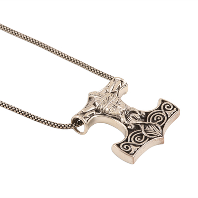 Men's sterling silver pendant necklace, 'Thor's Hammer' - Men's Thor's Hammer Necklace in Sterling Silver
