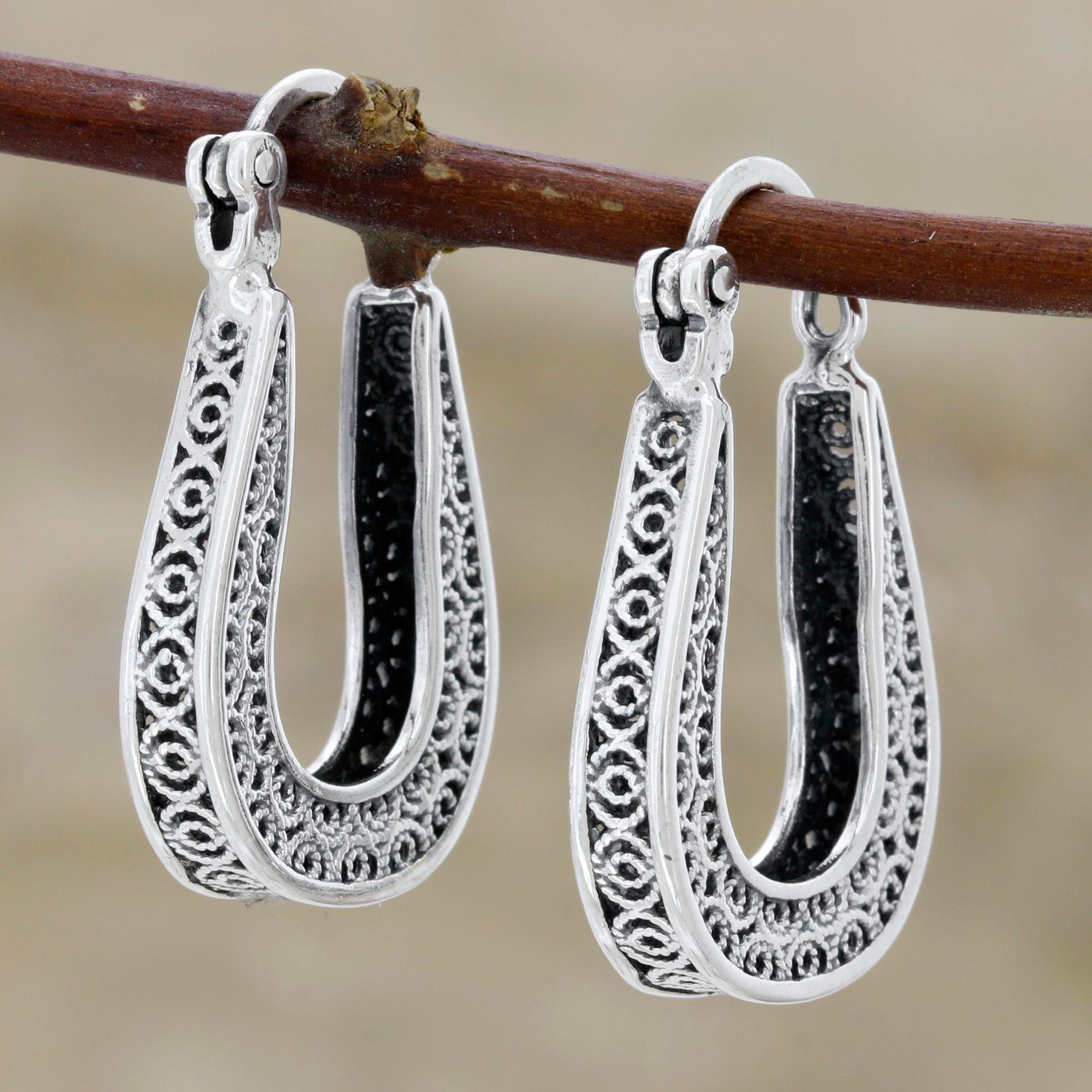 Horseshoe Shaped Filigree Sterling Silver Hoop Earrings Horseshoe