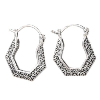 Sterling silver filigree hoop earrings, 'Wired' - Polygonal Hoop Earrings in Sterling Silver Filigree