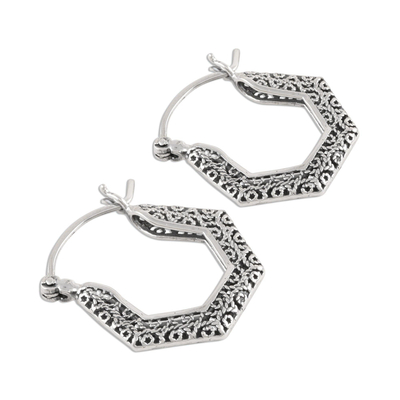 Sterling silver filigree hoop earrings, 'Wired' - Polygonal Hoop Earrings in Sterling Silver Filigree