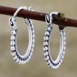 Sterling silver hoop earrings, 'Brightly Shining' - Beaded Sterling Silver Hoops from India