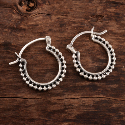 Sterling silver hoop earrings, 'Brightly Shining' - Beaded Sterling Silver Hoops from India