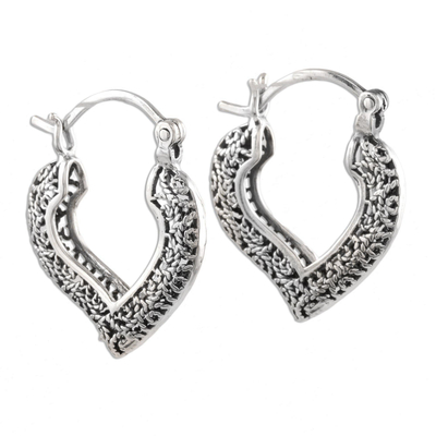 Sterling silver filigree hoop earrings, 'Heart Glory' - Artisan Crafted Silver Filigree Heart Hoop Earrings
