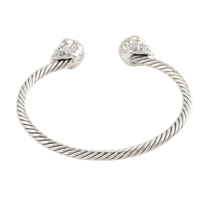 Sterling silver cuff bracelet, 'Twin Skulls' - Artisan Crafted Skull Cuff Bracelet from India