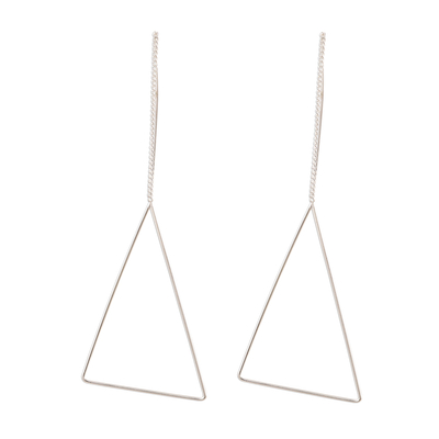 Sterling silver threader earrings, 'Singular Triangle' - Threader Earrings Hand Crafted in Sterling Silver