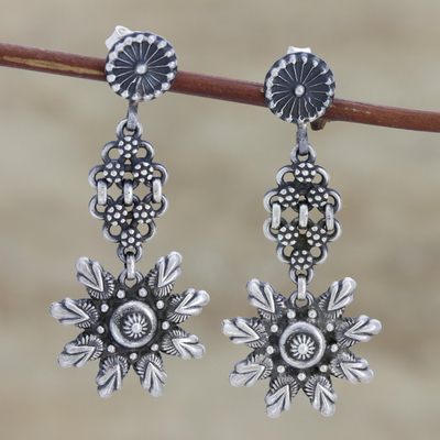 Sterling silver dangle earrings, 'Jag Mandir Beauty' - Ornate Sterling Silver Dangle Earrings from India