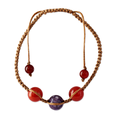 Carnelian beaded macrame bracelet, 'Peaceful Romance' - Macrame Bracelet with Carnelian and Purple Quartz
