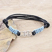 Sterling silver unity bracelet, 'Building a Bridge' - Blue Macrame Black Cord Silver Infinity Knot Unity Bracelet