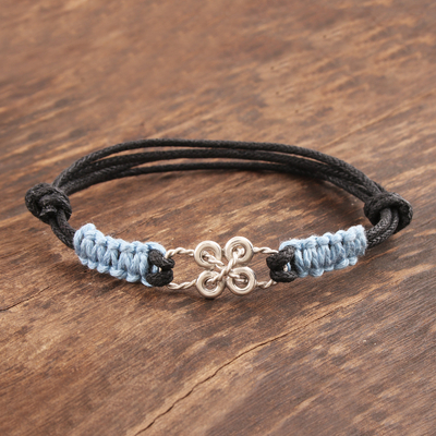 Sterling silver unity bracelet, 'Building a Bridge' - Blue Macrame Black Cord Silver Infinity Knot Unity Bracelet