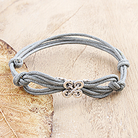 Sterling silver unity bracelet, 'Live in Harmony' - Sterling Silver Infinity Knot Grey Cord Unity Bracelet