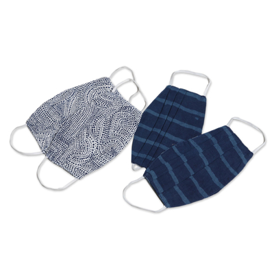 Cotton face masks, 'Cool Blue Moods' (set of 4) - 4 Blue Print 2-Layer Ear Loop Pleated Cotton Face Masks