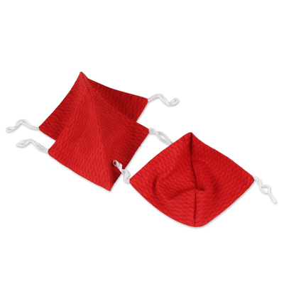 Cotton face masks, 'Trendy Red' (set of 3) - 3 Red Cotton Brocade Contoured Personal Face Masks