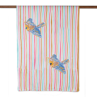 Mantón batik de algodón - Mantón batik de algodón a rayas con motivo de pájaros