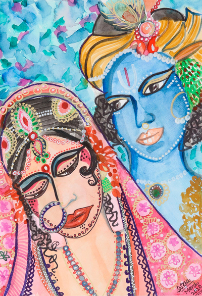 'Rukhmini & Krishna' - Watercolor Painting of Krishna and Rukhmini