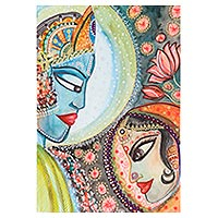 'Ram Sita Vivah' - Ram Sita boda firmada acuarela