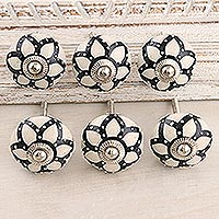 Ceramic knobs, 'Blooming Magic' (set of 6) - Set of 6 Floral Ceramic Knobs from India