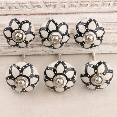 Ceramic knobs, 'Blooming Magic' (set of 6) - Set of 6 Floral Ceramic Knobs from India