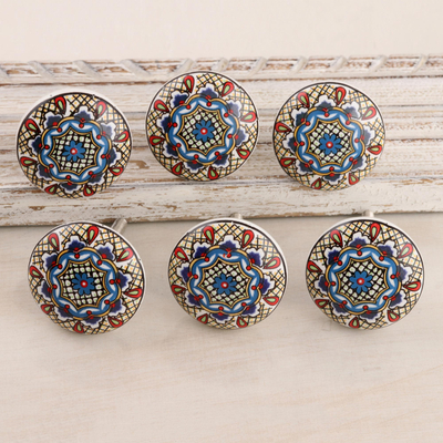 Ceramic knobs, 'Floral Appeal' (set of 6) - Set of 6 Hand Painted Ceramic Knobs/Drawer Pulls