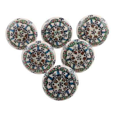 Ceramic knobs, 'Floral Majesty' (set of 6) - Set of 6 Multicolor Floral Ceramic Knobs
