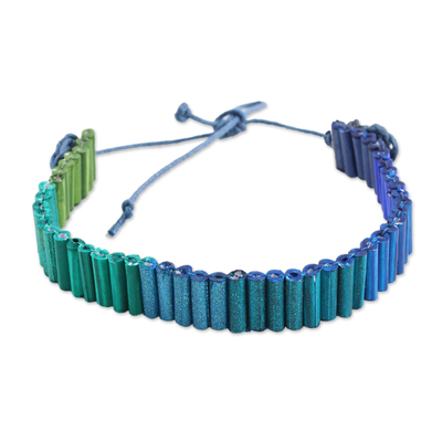 Recycled paper unity bracelet, 'Blue and Green for Strength' - Indian Blue to Green Recycled Paper Handmade Unity Bracelet