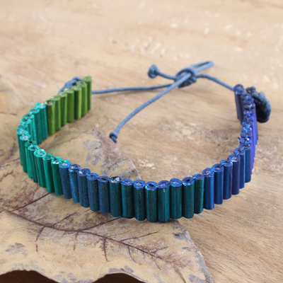 Recycled paper unity bracelet, 'Blue and Green for Strength' - Indian Blue to Green Recycled Paper Handmade Unity Bracelet