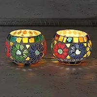 Glass mosaic tealight holders, 'Floral Illumination' (pair) - Pair of Colorful Round Mosaic Tealight Candleholders