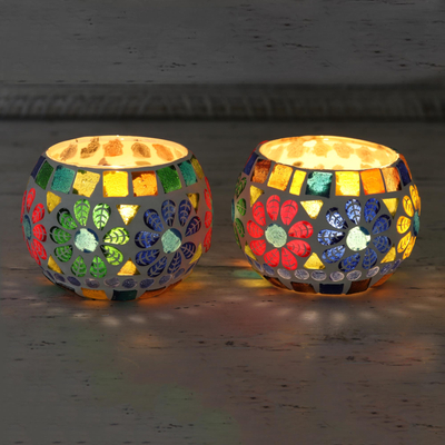 Glass mosaic tealight holders, 'Floral Illumination' (pair) - Pair of Colorful Round Mosaic Tealight Candleholders