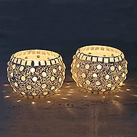 Portavelas de mosaico de vidrio, 'Starlit Night' (par) - Portavelas de velas hechas a mano con mosaico de vidrio (par)