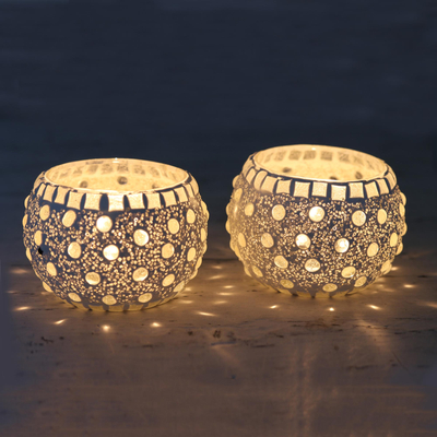 Glass mosaic tealight candleholders, 'Starlit Night' (pair) - Handmade Tealight Candleholders with Glass Mosaic (Pair)
