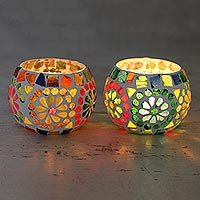 Glass mosaic tealight candleholders, 'Rainbow Cheer' (pair) - Cheerful Multicolored Glass Mosaic Tealight Holders (Pair)
