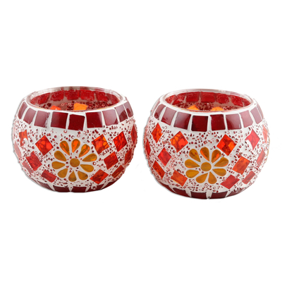 Handmade Glass Mosaic Tealight Candleholders (Pair)