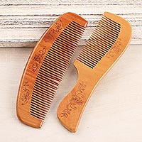 Wood comb set, 'Floral Charm' (pair) - Hand Crafted Floral Wood Combs (Pair)