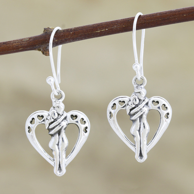 Sterling silver dangle earrings, 'Romantic Love' - Romantic Sterling Silver Heart Earrings from India