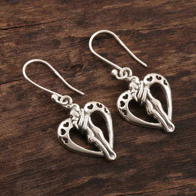 Sterling silver dangle earrings, 'Romantic Love' - Romantic Sterling Silver Heart Earrings from India