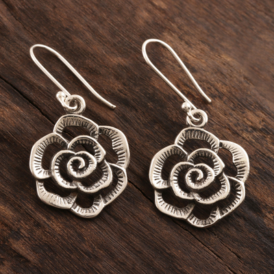 Sterling silver dangle earrings, 'Jaipuri Rose' - Rose Dangle Earrings Handmade in India