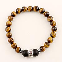 Tiger's Eye and Onyx Unity Bracelet with Sterling Accents,'Meditate Together'