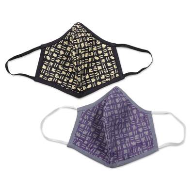 Gesichtsmasken aus Baumwolle, „Seashore Moods“ (Paar) – 1 Gesichtsmasken-Set mit Baumwolldruck in Lila und Grau, 1 in Beige und Schwarz