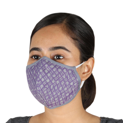 Gesichtsmasken aus Baumwolle, „Seashore Moods“ (Paar) – 1 Gesichtsmasken-Set mit Baumwolldruck in Lila und Grau, 1 in Beige und Schwarz