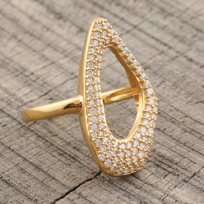 Gold plated cocktail ring, 'Golden Contour' - Abstract Gold Plated Cocktail Ring with CZ