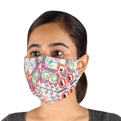 Embroidered cotton face masks, 'Bright Cross-Stitch' (pair) - 2 Handmade Colorful Cross Stitch Embroidered Face Masks