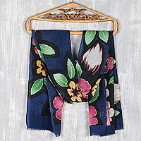 Wool shawl, 'Floral Sky' - Multicolored Floral Wool Shawl from India